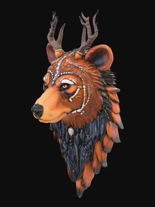 3D model for A shamanic ceremonial headdress in the form of a bear's head, highly detailed, intricate tribal patterns, feathers, beads, leather and fur textures, mystical aura, 3D game asset, polygonal style, fantasy, dark wood and bone materials, symmetrical.