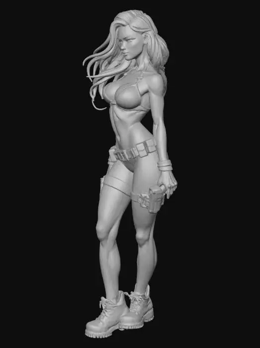 3D model for Stylized Lara Croft, a bikini outfit, thigh holsters, utility belts, glossy skin, and long hair. Confident pose, subtle smile, adventurous attitude. Ultra-detailed sculpting, premium collectible figure style.