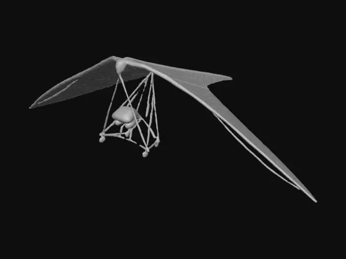 3D model for A lightweight human-scale hang glider with a stylized cell-shaded (toon) aesthetic. The design should be minimalist and aerodynamic, not oversized, suitable for a single human pilot. Emphasize clean geometry, simple surfaces, and sharp color separation typical of cel-shading. The structure should appear light and functional, without excessive mechanical details. Proportions must clearly match human scale, not exaggerated or giant.