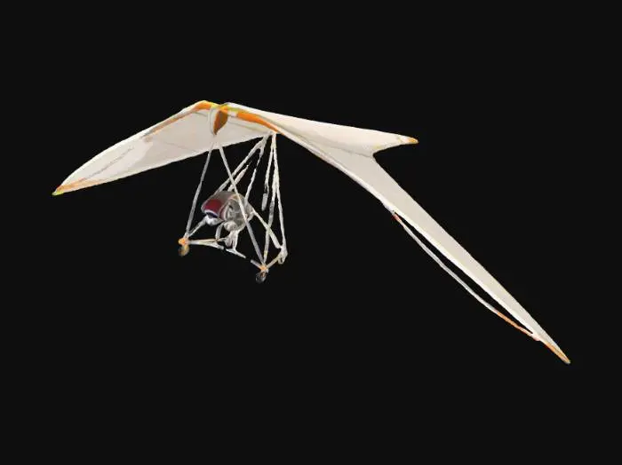 3D model for A lightweight human-scale hang glider with a stylized cell-shaded (toon) aesthetic. The design should be minimalist and aerodynamic, not oversized, suitable for a single human pilot. Emphasize clean geometry, simple surfaces, and sharp color separation typical of cel-shading. The structure should appear light and functional, without excessive mechanical details. Proportions must clearly match human scale, not exaggerated or giant.