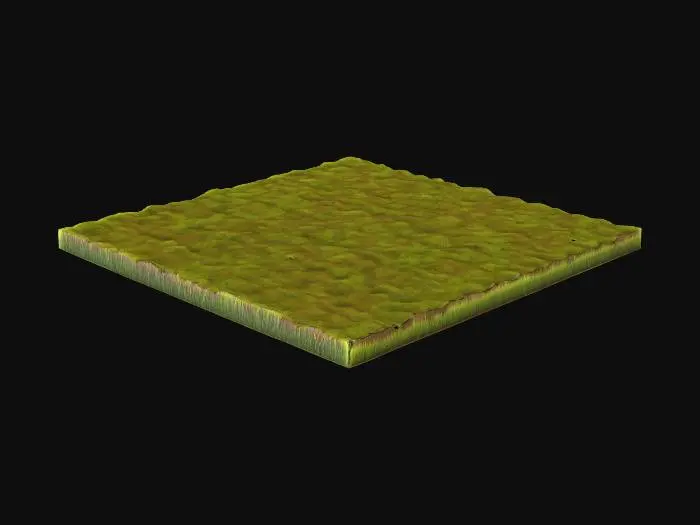 3D model for A modular 3D ground tile designed to seamlessly tile in all directions, representing earthy soil covered with short grass (lawn). The surface must be flat in height, suitable for paving a continuous 3D terrain. Style is cell-shaded (toon) with clean color separation and simplified shapes. Grass should be stylized and minimal, integrated into the ground geometry (not individual blades). Use low-poly, clean geometry optimized for real-time use. No photorealism, no noise textures, no complex shaders. All edges must align perfectly for infinite tiling in a 3D world.