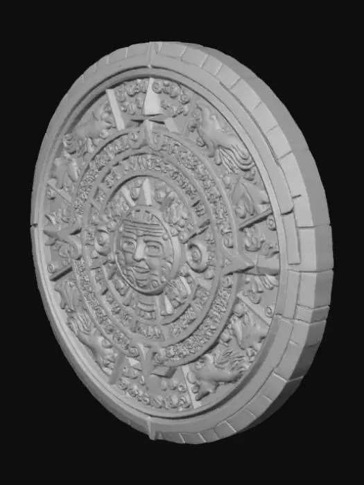 3D model for A detailed 3D representation of a Mesoamerican-inspired calendar or cosmogram, crafted as an ancient, weathered artifact. The piece exhibits deep, intricate relief carving across its perfectly circular form, showcasing an elaborate tapestry of symbolic glyphs and stylized creatures within its segmented rings. It's adorned with an aged, slightly textured paint application in rich hues of muted gold, deep teal, earthy crimson, and subtle lilac, all sharply delineated by prominent, slightly elevated white lines. The lighting emphasizes the object's three-dimensional sculpted forms.