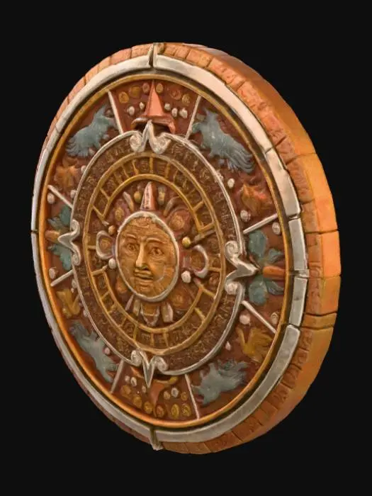 3D model for A detailed 3D representation of a Mesoamerican-inspired calendar or cosmogram, crafted as an ancient, weathered artifact. The piece exhibits deep, intricate relief carving across its perfectly circular form, showcasing an elaborate tapestry of symbolic glyphs and stylized creatures within its segmented rings. It's adorned with an aged, slightly textured paint application in rich hues of muted gold, deep teal, earthy crimson, and subtle lilac, all sharply delineated by prominent, slightly elevated white lines. The lighting emphasizes the object's three-dimensional sculpted forms.