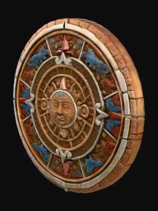 3D model for A detailed 3D representation of a Mesoamerican-inspired calendar or cosmogram, crafted as an ancient, weathered artifact. The piece exhibits deep, intricate relief carving across its perfectly circular form, showcasing an elaborate tapestry of symbolic glyphs and stylized creatures within its segmented rings. It's adorned with an aged, slightly textured paint application in rich hues of muted gold, deep teal, earthy crimson, and subtle lilac, all sharply delineated by prominent, slightly elevated white lines. The lighting emphasizes the object's three-dimensional sculpted forms.