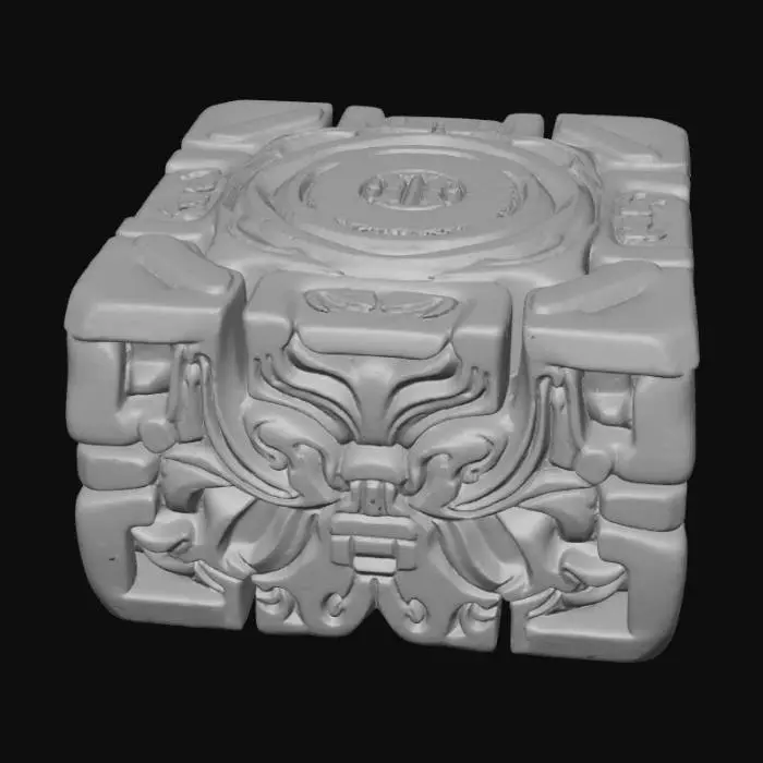 3D model for Create a detailed 3D model of an ancient Mayan stone block for the month July. The cube is about 500 mm per side, with realistic weathered stone texture and deep Mayan carvings on all four vertical faces. The top and bottom surfaces are smooth, flat stone to allow stacking. Use high-resolution detail showing erosion, chisel marks, and patina. The model must be watertight, physically accurate, and suitable for 3D printing or CNC carving.