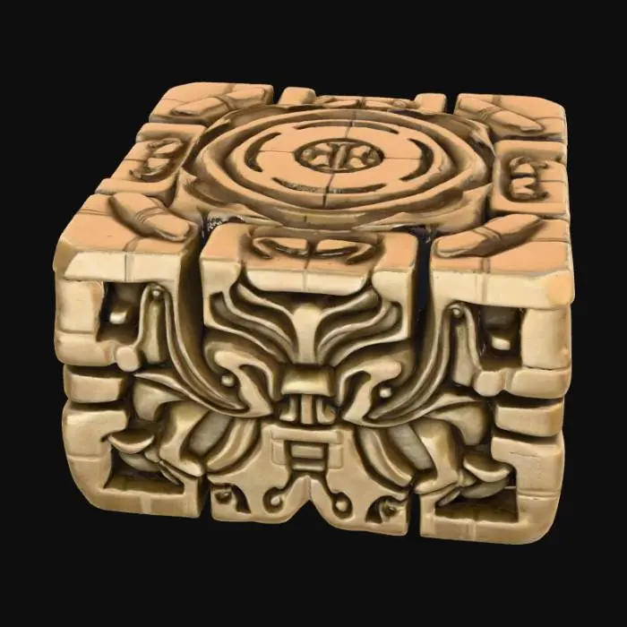 3D model for Create a detailed 3D model of an ancient Mayan stone block for the month July. The cube is about 500 mm per side, with realistic weathered stone texture and deep Mayan carvings on all four vertical faces. The top and bottom surfaces are smooth, flat stone to allow stacking. Use high-resolution detail showing erosion, chisel marks, and patina. The model must be watertight, physically accurate, and suitable for 3D printing or CNC carving.