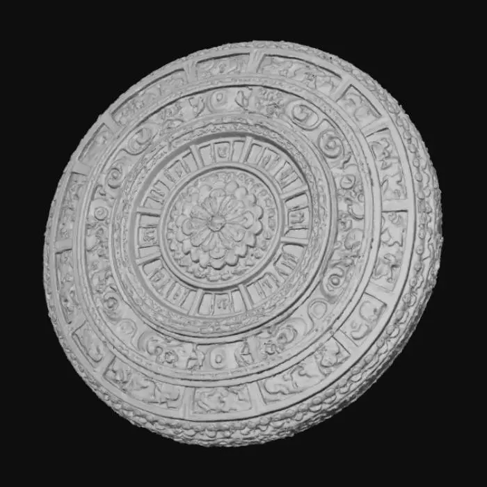 3D model for A visually stunning 3D model of an ornate circular mandala, styled as a polychrome carved stone or ceramic medallion. Its complex structure includes several concentric bands and radially segmented quadrants, each filled with distinct, richly detailed patterns and abstract symbols. The vibrant color scheme features deep turquoise, shimmering golden yellow, vivid fuchsia, and earthy ochre, with striking white outlines defining all elements. The object is rendered with subtle volumetric lighting, emphasizing its carved depth and slightly glossy textures.