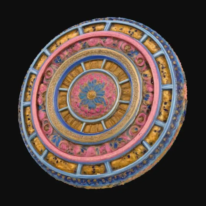 3D model for A visually stunning 3D model of an ornate circular mandala, styled as a polychrome carved stone or ceramic medallion. Its complex structure includes several concentric bands and radially segmented quadrants, each filled with distinct, richly detailed patterns and abstract symbols. The vibrant color scheme features deep turquoise, shimmering golden yellow, vivid fuchsia, and earthy ochre, with striking white outlines defining all elements. The object is rendered with subtle volumetric lighting, emphasizing its carved depth and slightly glossy textures.