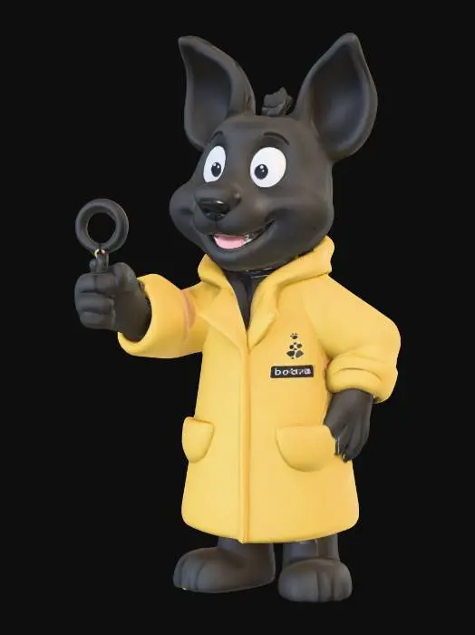 3D model for Create a cute cartoon dog mascot inspired by the BORDATA logo.
The dog should have elements from the logo’s style and colors: he is black black and his coat is yellow (hex code: #FFC61A).
The dog should be friendly, playful, and intelligent-looking, symbolizing data and analytics.
Incorporate the logo’s line-and-dot graph motif subtly-perhaps on the dog’s collar, or shirt.
Keep the design modern, clean, and vector-friendly, so it matches the company’s branding.
Include "BORDATA" on the left side of the yellow coat and a small magnifying glass on his right hand