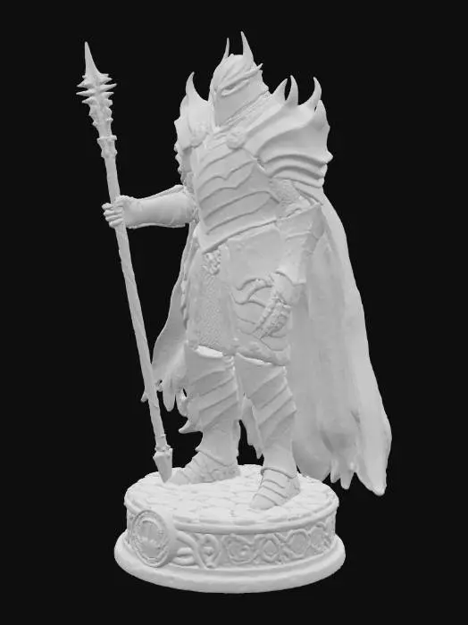 3D model for Внушительная шахматная фигурка короля, стилизованная под Саурона, стоит на устойчивом круглом основании с символическим рельефом короны. Она облачена в полные, тёмные угольно-серые доспехи из грубого металла, с зазубренными, перекрывающимися сегментами и декоративными элементами. Грозный шипастый шлем с рельефным орнаментом испускает зловещее огненно-красное свечение из прорезей забрала. Массивные шипастые наплечники, перчатки с когтями, тёмная кольчуга и струящаяся драпированная накидка дополняют устрашающий образ. Король держит длинный шипастый скипетр.