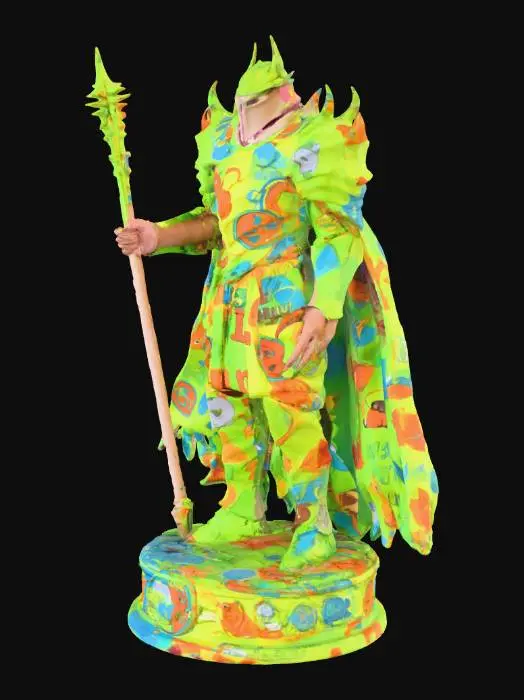 3D model for Внушительная шахматная фигурка короля, стилизованная под Саурона, стоит на устойчивом круглом основании с символическим рельефом короны. Она облачена в полные, тёмные угольно-серые доспехи из грубого металла, с зазубренными, перекрывающимися сегментами и декоративными элементами. Грозный шипастый шлем с рельефным орнаментом испускает зловещее огненно-красное свечение из прорезей забрала. Массивные шипастые наплечники, перчатки с когтями, тёмная кольчуга и струящаяся драпированная накидка дополняют устрашающий образ. Король держит длинный шипастый скипетр.