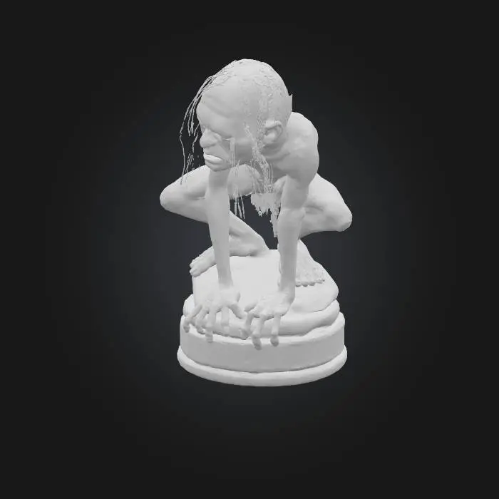 3D model for Шахматная фигурка Голлума из "Властелина Колец" сидит на устойчивом круглом основании, украшенном рельефом кольца. Фигура облачена в рваные, зелено-серые трусы. Его бледная, морщинистая кожа с прорисованными венами и складками имеет вид влажной текстуры. Лицо Голлума настороженное и естественное. Общая форма фигуры передает узнаваемый силуэт персонажа, адаптированный для шахматной фигуры. Материал модели сохраняет все текстуры и детали, подчеркивая реалистичность.