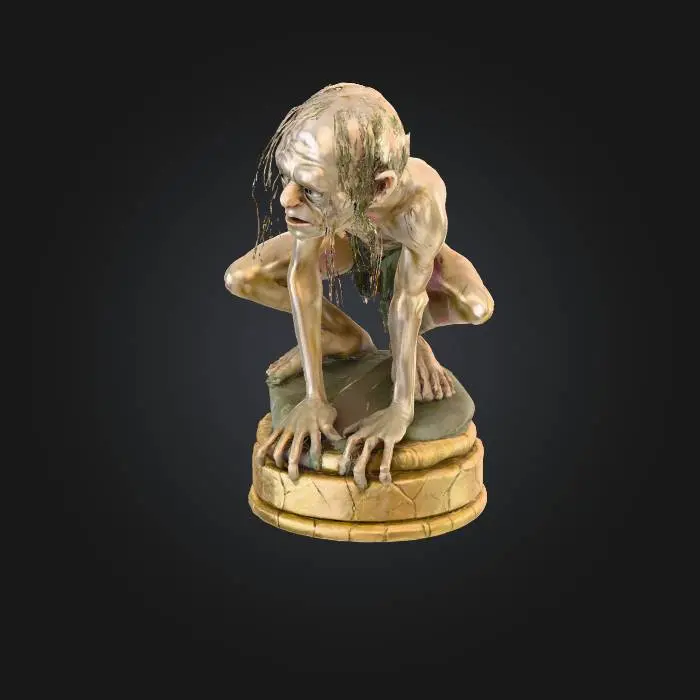 3D model for Шахматная фигурка Голлума из "Властелина Колец" сидит на устойчивом круглом основании, украшенном рельефом кольца. Фигура облачена в рваные, зелено-серые трусы. Его бледная, морщинистая кожа с прорисованными венами и складками имеет вид влажной текстуры. Лицо Голлума настороженное и естественное. Общая форма фигуры передает узнаваемый силуэт персонажа, адаптированный для шахматной фигуры. Материал модели сохраняет все текстуры и детали, подчеркивая реалистичность.