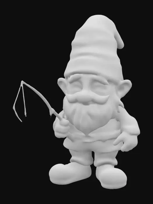 3D model for a cartoon style scuffed and dirty garden gnome with fishing rod, watercolour style textures