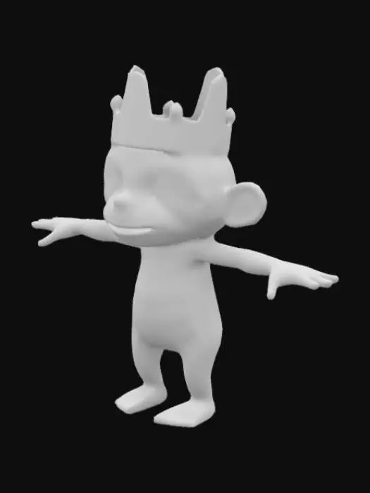 3D model for a not high-detailed t-posed monkey king, wooden crown on his head, fantasy style, with little smirk on his face
