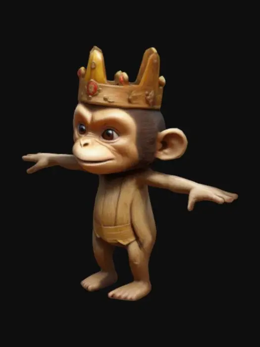 3D model for a not high-detailed t-posed monkey king, wooden crown on his head, fantasy style, with little smirk on his face