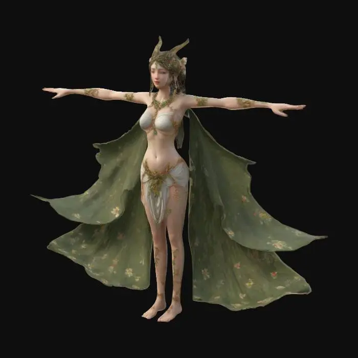 3D model for Elegant Nymph, inspired by ancient mythology, with a graceful and curvy figure. She should be in a natural T-pose but legs slightly apart. Her clothing should be flowing and nature-inspired, with revealing elements that blend elegance and charm . Adorn her with floral or vine-like accessories and intricate jewelry. Her expression should be serene, with soft, glowing lighting that highlights her ethereal and woodland beauty. 4K resolution , ultra detailed