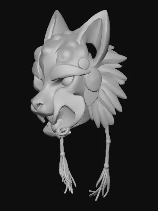 3D model for A fierce, full-coverage war helmet carved from dark cedar wood, shaped into a stylized wolf's head. The design features bold Pacific Northwest tribal carvings with deep grooves. The palette is a mix of weathered obsidian black, blood red, and natural wood grain. Prominent native copper plates are bolted onto the ears and snout. The wolf has snarling jaws and a menacing gaze, with a matte, antique finish. 3D game asset, high detail, symmetrical.