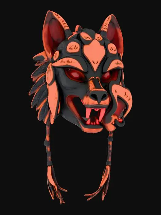 3D model for A fierce, full-coverage war helmet carved from dark cedar wood, shaped into a stylized wolf's head. The design features bold Pacific Northwest tribal carvings with deep grooves. The palette is a mix of weathered obsidian black, blood red, and natural wood grain. Prominent native copper plates are bolted onto the ears and snout. The wolf has snarling jaws and a menacing gaze, with a matte, antique finish. 3D game asset, high detail, symmetrical.