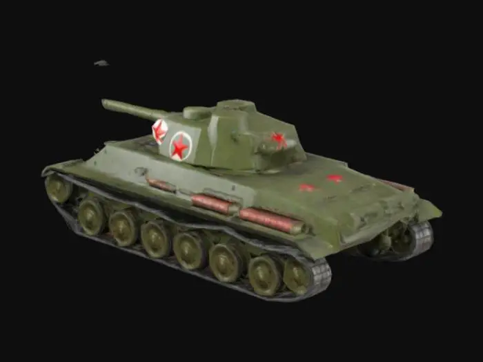 3D model for russian second world war  armoured car model t-34 C, torret oriented  45 degrees to the left, long cannon, wide tracks, mixed terrain camouflage, detailed, high quality, olive green steel, russian red star painted in the sides of torret and in the front.