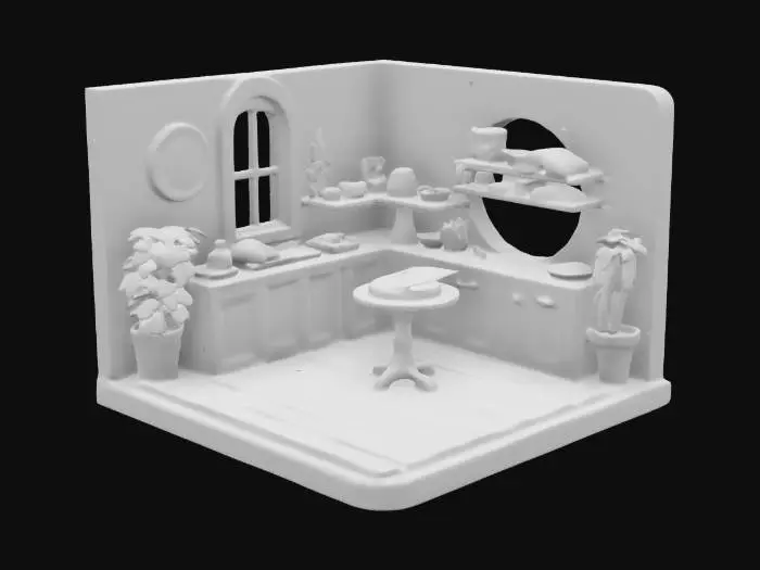 3D model for colorful, cartoon-style isometric baker room, Pixar style. The room features a cozy baker shop, a small table, a shelf full of bread pieces, and a bright window. The colors are vibrant, with smooth rounded edges and soft lighting. The design is playful and warm, evoking a cheerful and animated atmosphere. isometric perspective.