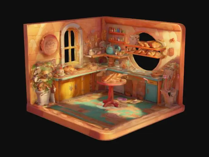 3D model for colorful, cartoon-style isometric baker room, Pixar style. The room features a cozy baker shop, a small table, a shelf full of bread pieces, and a bright window. The colors are vibrant, with smooth rounded edges and soft lighting. The design is playful and warm, evoking a cheerful and animated atmosphere. isometric perspective.