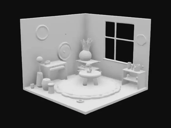 3D model for colorful, cartoon-style isometric play room, Pixar style. The room features a cozy play room, a small table, a play carpet, several toys, and a bright window. The colors are vibrant, with smooth rounded edges and soft lighting. The design is playful and warm, evoking a cheerful and animated atmosphere. isometric perspective.