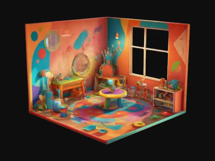 3D model for colorful, cartoon-style isometric play room, Pixar style. The room features a cozy play room, a small table, a play carpet, several toys, and a bright window. The colors are vibrant, with smooth rounded edges and soft lighting. The design is playful and warm, evoking a cheerful and animated atmosphere. isometric perspective.
