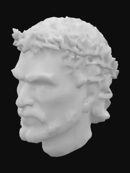 3D model for The battle worn face of an old roman emperor, showing scars from sword fights, close up face, highly detailed, ultra 4k, wearing a majestic green laurel crown, Ultra Realistic, Highly Detailed, Portrait