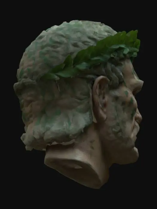 3D model for The battle worn face of an old roman emperor, showing scars from sword fights, close up face, highly detailed, ultra 4k, wearing a majestic green laurel crown, Ultra Realistic, Highly Detailed, Portrait