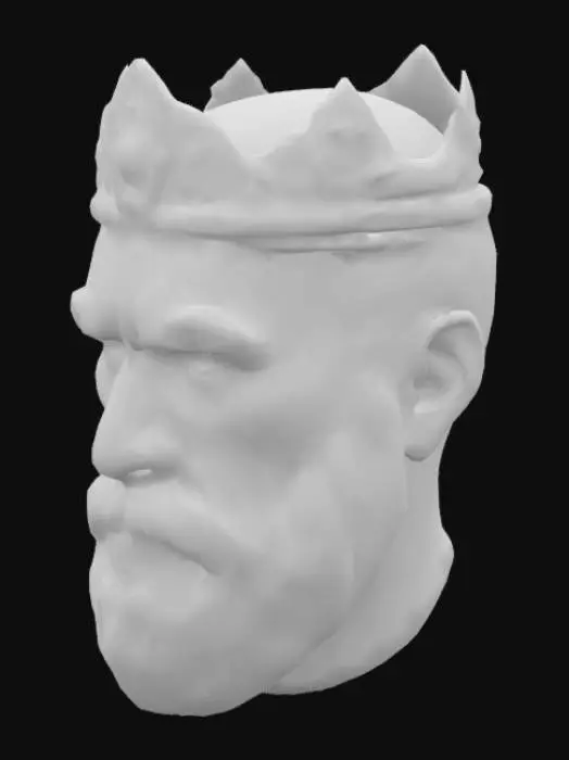 3D model for (master piece) shiny The battle worn face of an old medieval king, showing scars from sword fights, close up face, highly detailed, ultra 4k, a majestic golden crown with jewels imbedded into it , Ultra Realistic, Highly Detailed, 