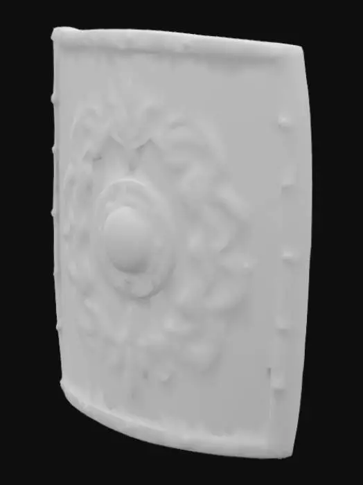 3D model for (master piece), high quality, 4k, Ancient Roman Legionary Shield (Scutum) – A large, curved rectangular shield (105x65 cm) with a layered wood core, hardened leather cover, and metal rim. A central iron boss (umbo) reinforces defense. Deep red with golden Roman motifs, slightly worn with scratches. Leather-wrapped grip for comfort. Soft lighting enhances textures and reflections. Ideal for games, films, or historical displays.