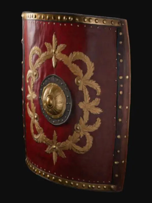 3D model for (master piece), high quality, 4k, Ancient Roman Legionary Shield (Scutum) – A large, curved rectangular shield (105x65 cm) with a layered wood core, hardened leather cover, and metal rim. A central iron boss (umbo) reinforces defense. Deep red with golden Roman motifs, slightly worn with scratches. Leather-wrapped grip for comfort. Soft lighting enhances textures and reflections. Ideal for games, films, or historical displays.