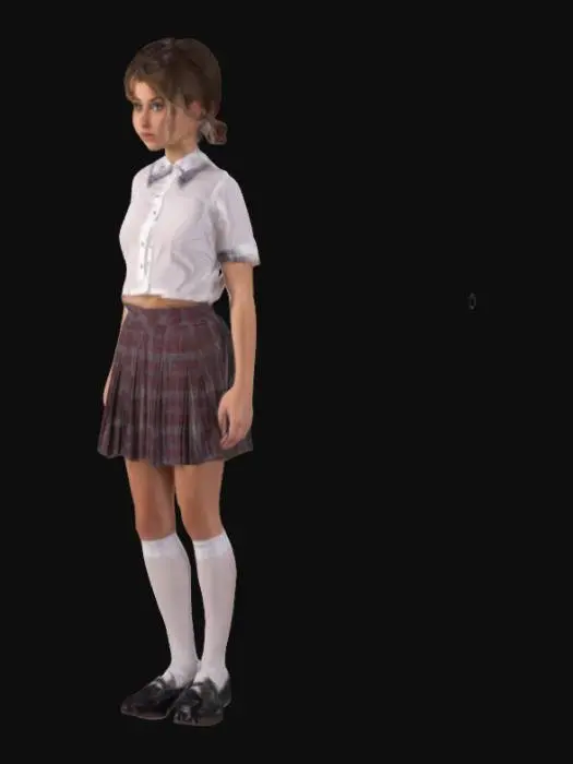 3D model for (masterpiece), best quality, expressive eyes, perfect face, young woman, dressed in college standard uniform: a skimpy white blouse, a plaid pleated miniskirt, white short socks and shiny Mary Jane shoes