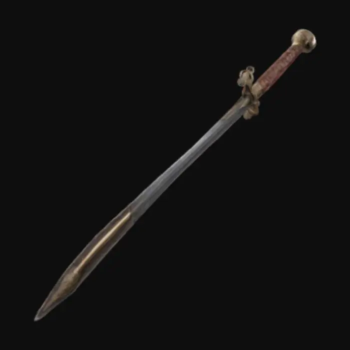 3D model for (master piece), high quality, 4k, Ancient Roman Gladius – A short, double-edged steel sword (50-60 cm) with a central ridge and a sharp tip. The blade is slightly weathered, with scratches and nicks. The wooden hilt is wrapped in aged brown leather, while the brass/bronze guard and pommel feature ornate Roman engravings. Silver blade, dark grip, and golden accents. Soft lighting enhances reflections. Ideal for games, historical visuals, or cinematic props.
