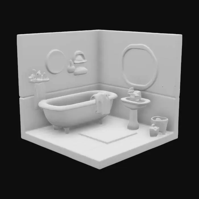 3D model for colorful, cartoon-style isometric bathroom, Pixar style. The room features a cozy bathtube, a small table and a mirror in the wall , and a bright window. The colors are vibrant, with smooth rounded edges and soft lighting. The design is playful and warm, evoking a cheerful and animated atmosphere. isometric perspective.