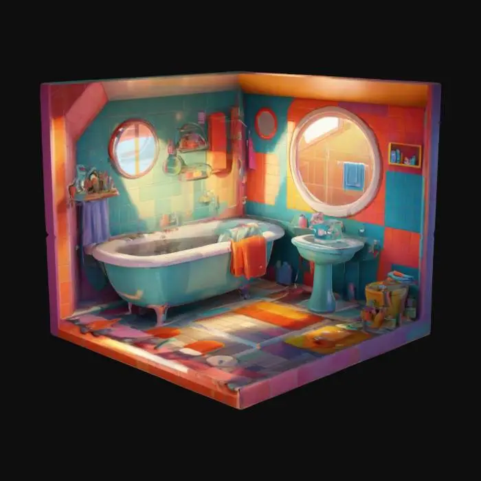 3D model for colorful, cartoon-style isometric bathroom, Pixar style. The room features a cozy bathtube, a small table and a mirror in the wall , and a bright window. The colors are vibrant, with smooth rounded edges and soft lighting. The design is playful and warm, evoking a cheerful and animated atmosphere. isometric perspective.