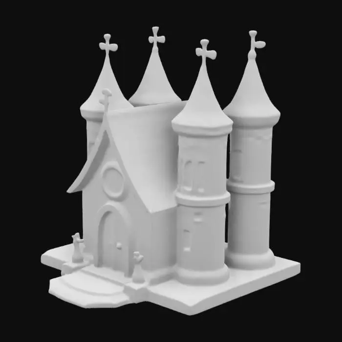 3D model for colorful, cartoon-style isometric cathedral external view, Pixar style. The cathedral features a strong wooden main arch door,  stone walls, two simmetric tower, gargoyles, and a front circular multicoloured cristal window. The colors are vibrant, with smooth rounded edges and soft lighting. The design is playful and warm, evoking a cheerful and animated atmosphere. isometric perspective.