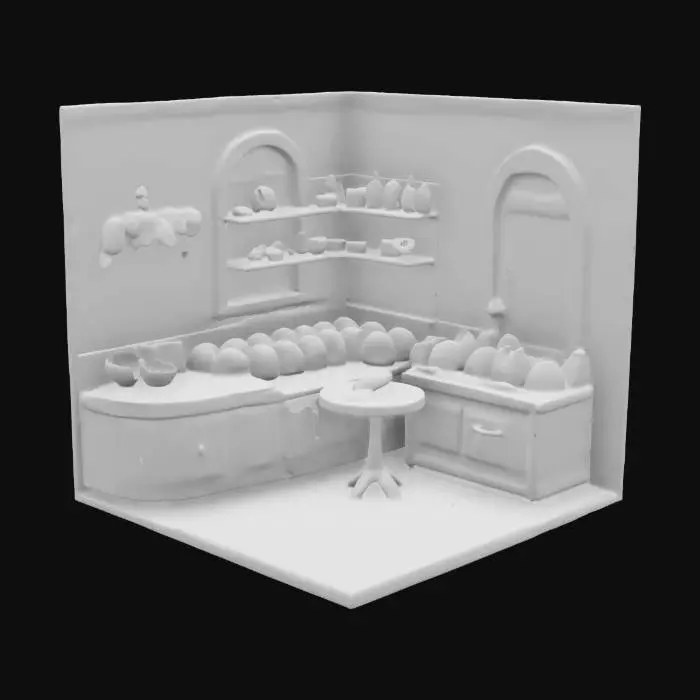 3D model for colorful, cartoon-style isometric baker room, Pixar style. The room features a cozy baker shop, a small table, a shelf full of bread pieces, and a bright window. The colors are vibrant, with smooth rounded edges and soft lighting. The design is playful and warm, evoking a cheerful and animated atmosphere. isometric perspective.