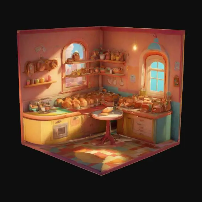 3D model for colorful, cartoon-style isometric baker room, Pixar style. The room features a cozy baker shop, a small table, a shelf full of bread pieces, and a bright window. The colors are vibrant, with smooth rounded edges and soft lighting. The design is playful and warm, evoking a cheerful and animated atmosphere. isometric perspective.
