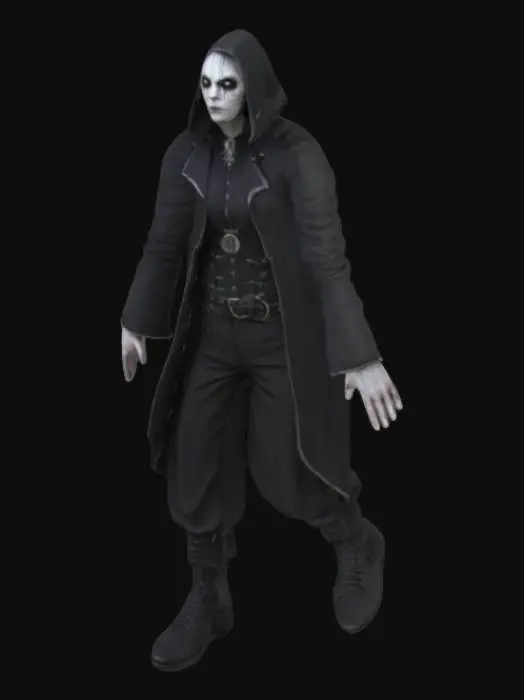 3D model for pale scarred face, silver glowing eyes, ominous shadows, gothic fantasy, dark fabric,  full-body character design, realistic proportions, T-Pose, no cloak or hood