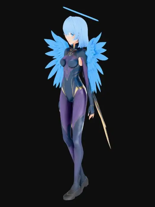 3D model for A charming anime-style angel character model, featuring a slender build with light blue, chin-length hair and large, vibrant blue feathered wings that fan out gracefully. She wears a sleek, form-fitting bodysuit in shades of dark blue and purple, with subtle sculpted line details. A radiant, polished golden halo, adorned with smaller stylized wings, floats above her head. The model exhibits smooth skin, soft feather textures on the wings, and a slight sheen on the bodysuit, all illuminated by soft, even lighting.