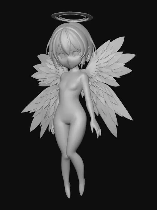 3D model for A charming anime-style angel character model, featuring a slender build with light blue, chin-length hair and large, vibrant blue feathered wings that fan out gracefully. She wears a sleek, form-fitting bodysuit in shades of dark blue and purple, with subtle sculpted line details. A radiant, polished golden halo, adorned with smaller stylized wings, floats above her head. The model exhibits smooth skin, soft feather textures on the wings, and a slight sheen on the bodysuit, all illuminated by soft, even lighting.