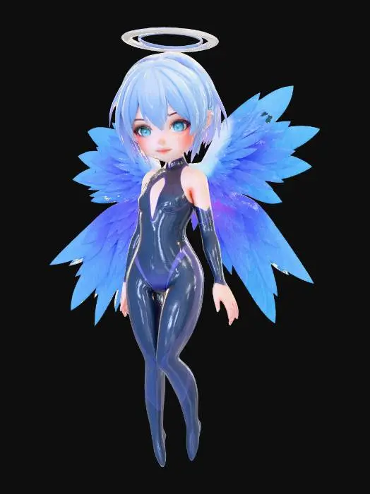 3D model for A charming anime-style angel character model, featuring a slender build with light blue, chin-length hair and large, vibrant blue feathered wings that fan out gracefully. She wears a sleek, form-fitting bodysuit in shades of dark blue and purple, with subtle sculpted line details. A radiant, polished golden halo, adorned with smaller stylized wings, floats above her head. The model exhibits smooth skin, soft feather textures on the wings, and a slight sheen on the bodysuit, all illuminated by soft, even lighting.
