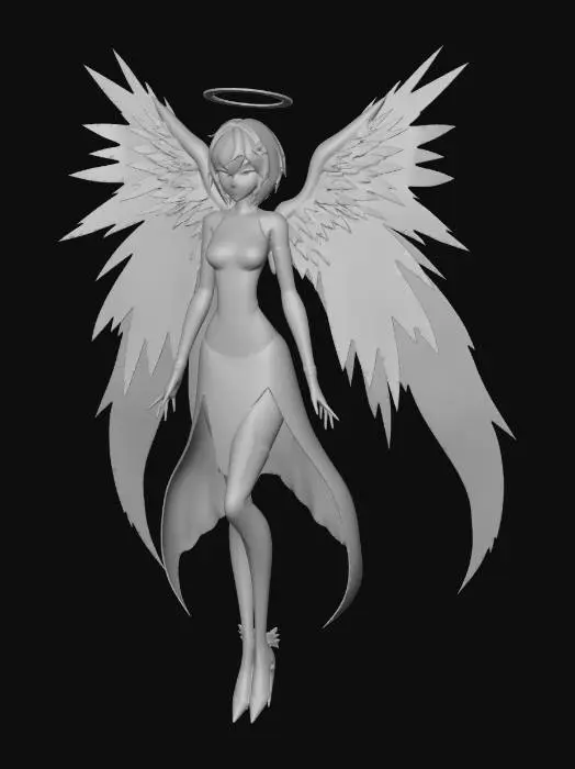3D model for A charming anime-style angel character model, featuring a slender build with light blue, chin-length hair and large, vibrant blue feathered wings that fan out gracefully. She wears a sleek, form-fitting bodysuit in shades of dark blue and purple, with subtle sculpted line details. A radiant, polished golden halo, adorned with smaller stylized wings, floats above her head. The model exhibits smooth skin, soft feather textures on the wings, and a slight sheen on the bodysuit, all illuminated by soft, even lighting.