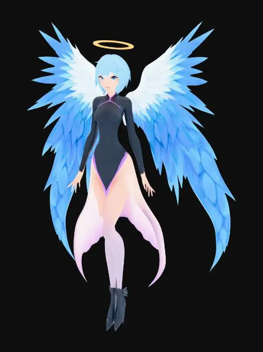 3D model for A charming anime-style angel character model, featuring a slender build with light blue, chin-length hair and large, vibrant blue feathered wings that fan out gracefully. She wears a sleek, form-fitting bodysuit in shades of dark blue and purple, with subtle sculpted line details. A radiant, polished golden halo, adorned with smaller stylized wings, floats above her head. The model exhibits smooth skin, soft feather textures on the wings, and a slight sheen on the bodysuit, all illuminated by soft, even lighting.