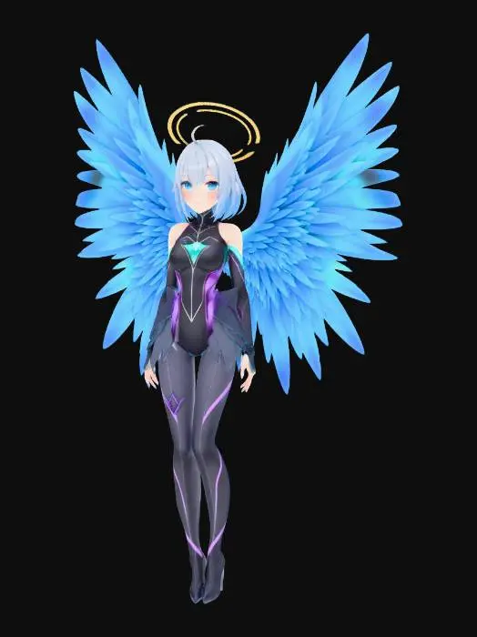 3D model for A charming anime-style angel character model, featuring a slender build with light blue, chin-length hair and large, vibrant blue feathered wings that fan out gracefully. She wears a sleek, form-fitting bodysuit in shades of dark blue and purple, with subtle sculpted line details. A radiant, polished golden halo, adorned with smaller stylized wings, floats above her head. The model exhibits smooth skin, soft feather textures on the wings, and a slight sheen on the bodysuit, all illuminated by soft, even lighting.