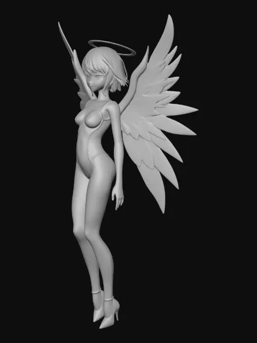 3D model for A charming anime-style angel character model, featuring a slender build with light blue, chin-length hair and large, vibrant blue feathered wings that fan out gracefully. She wears a sleek, form-fitting bodysuit in shades of dark blue and purple, with subtle sculpted line details. A radiant, polished golden halo, adorned with smaller stylized wings, floats above her head. The model exhibits smooth skin, soft feather textures on the wings, and a slight sheen on the bodysuit, all illuminated by soft, even lighting.