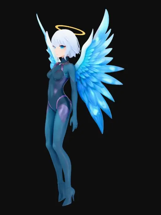 3D model for A charming anime-style angel character model, featuring a slender build with light blue, chin-length hair and large, vibrant blue feathered wings that fan out gracefully. She wears a sleek, form-fitting bodysuit in shades of dark blue and purple, with subtle sculpted line details. A radiant, polished golden halo, adorned with smaller stylized wings, floats above her head. The model exhibits smooth skin, soft feather textures on the wings, and a slight sheen on the bodysuit, all illuminated by soft, even lighting.