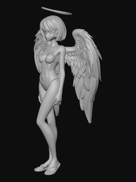3D model for A charming anime-style angel character model, featuring a slender build with light blue, chin-length hair and large, vibrant blue feathered wings that fan out gracefully. She wears a sleek, form-fitting bathing-suit in shades of dark blue and purple, with subtle sculpted line details. A radiant, polished golden halo, adorned with smaller stylized wings, floats above her head. The model exhibits smooth skin, soft feather textures on the wings, and a slight sheen on the bathing-suit, all illuminated by soft, even lighting. Sexy cutesy pose.